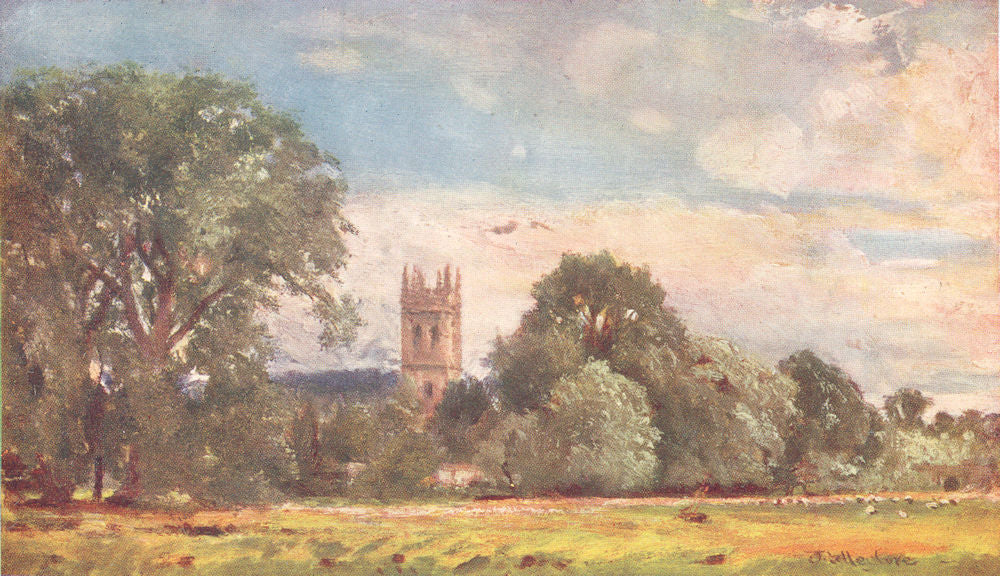 OXFORD. Magdalen college tower from the Meadows 1903 old antique print picture